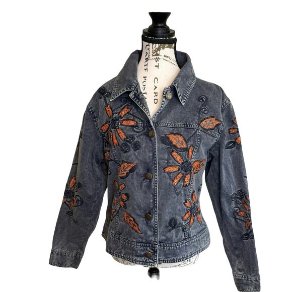 Christopher & Banks Jackets & Blazers - Christopher & Banks boho denim floral Embroidered Jean Jacket Womens Medium EUC